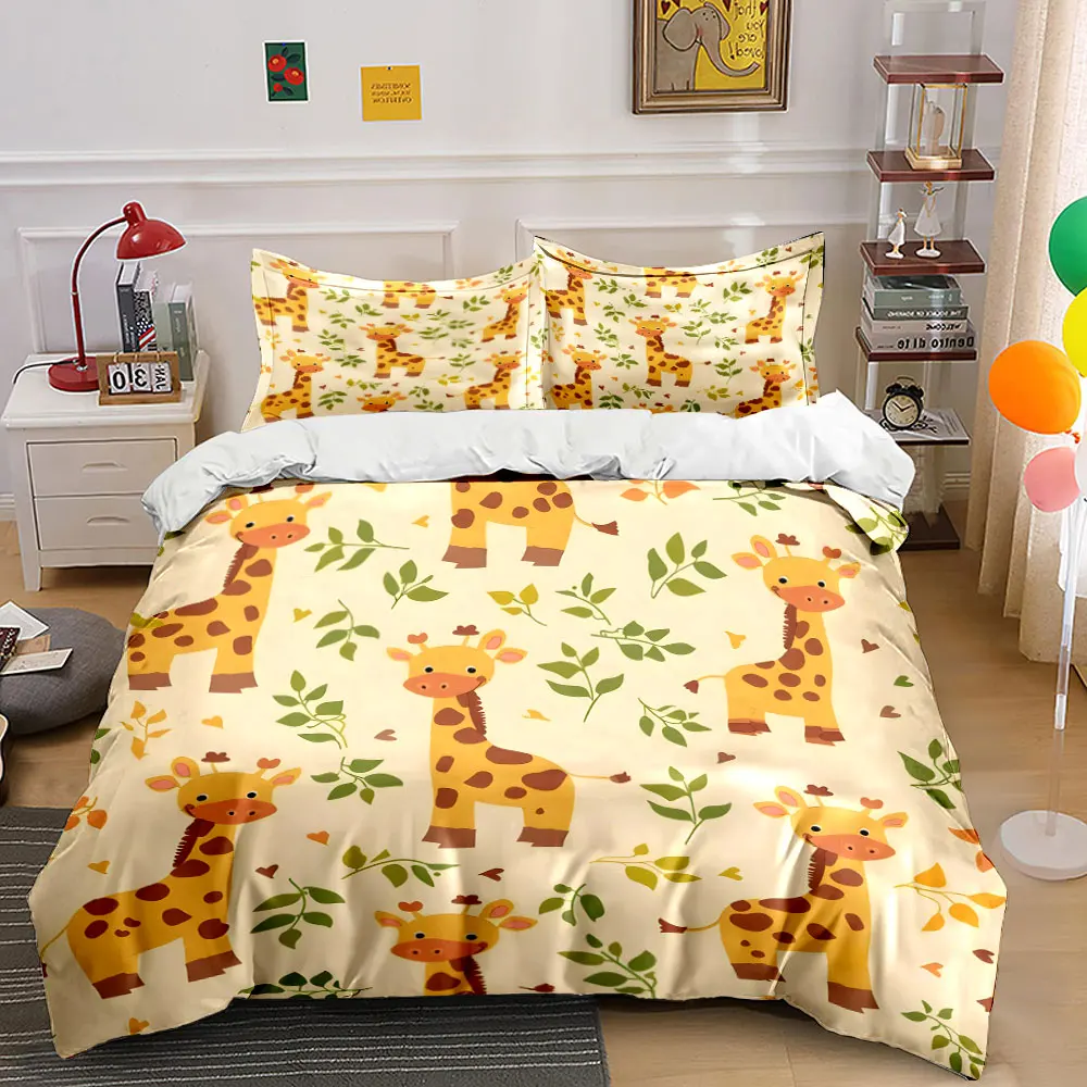 Cute giraffes with leafy background Printed Duvet Cover Set 1 Duvet Cover+2 Pillowcase Multi Size Bedroom Bedding Decor