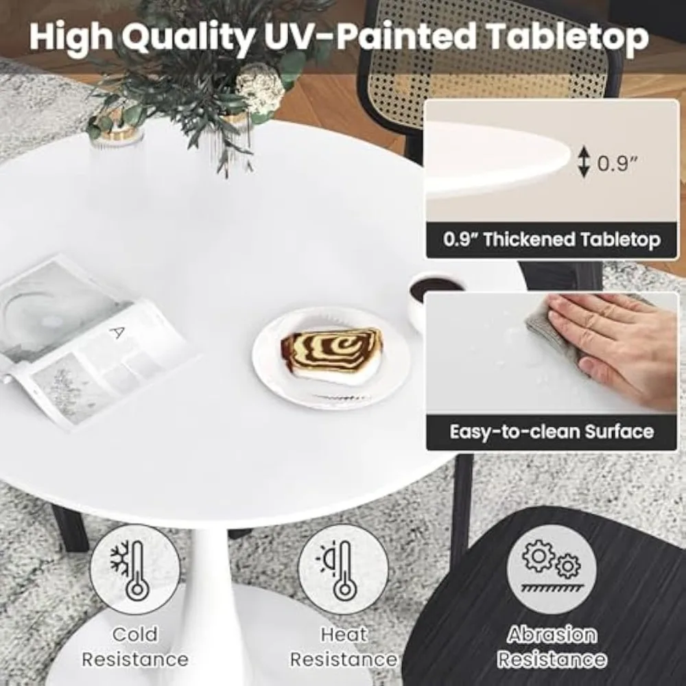 Round Dining Table, 32” White Round Table with 0.9” Thickened Circle Table Top & Metal Pedestal Base