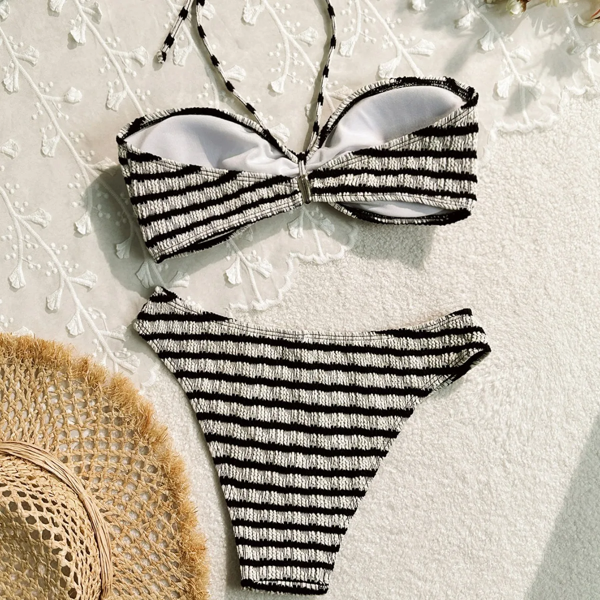 

New Sensual Bikini Swimsuit Women's Beach Vaion Stripe Print Separate Design Sport Fitn Fans Supplies Flat Footwear