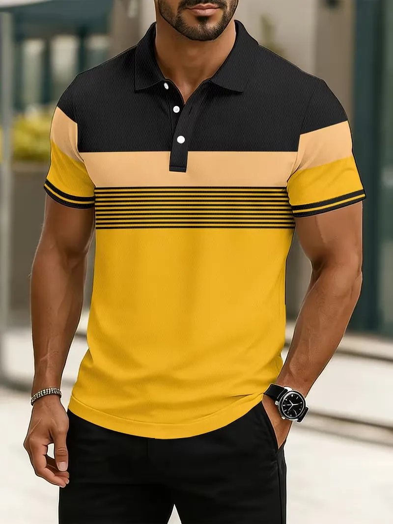 Men's Black Yellow Color Block Striped Polo Shirt Short Sleeve Breathable Casual Golf Polo Tee Summer Business Polo Shirt Top