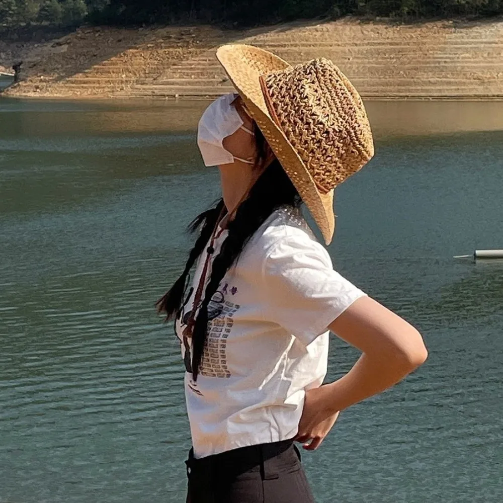 

Retro Wide Brim Sunscreen Straw Hat Ethnic Style Solid Color Cowgirl Visor Cap Bucket Hat Breathable Western Cowboy Hat Climbing