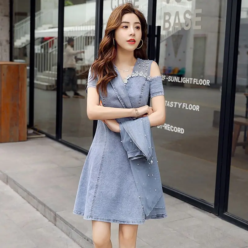 New Mesh Splicing Korean Summer Denim Dress Set, Sweet and Loose Temperament Waist Cinching Skirt for Woman dress setsdress set