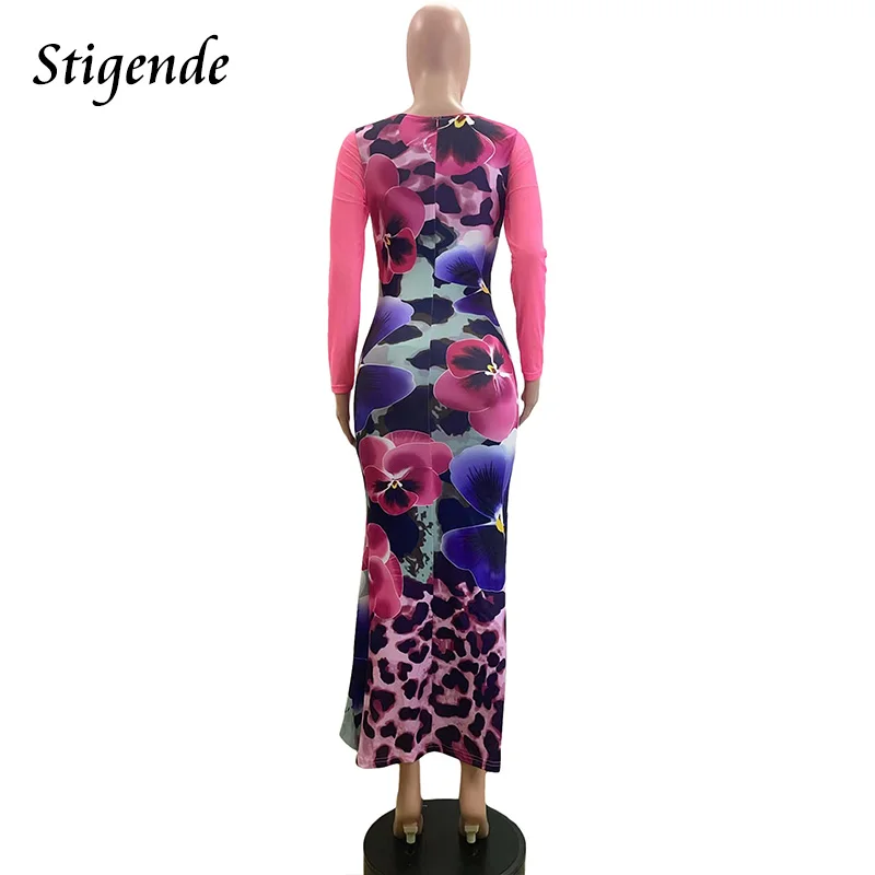 Stigende Women Floral Print High Low Ruffle Dress Sexy Open Front Leopard Mermaid Evening Dress