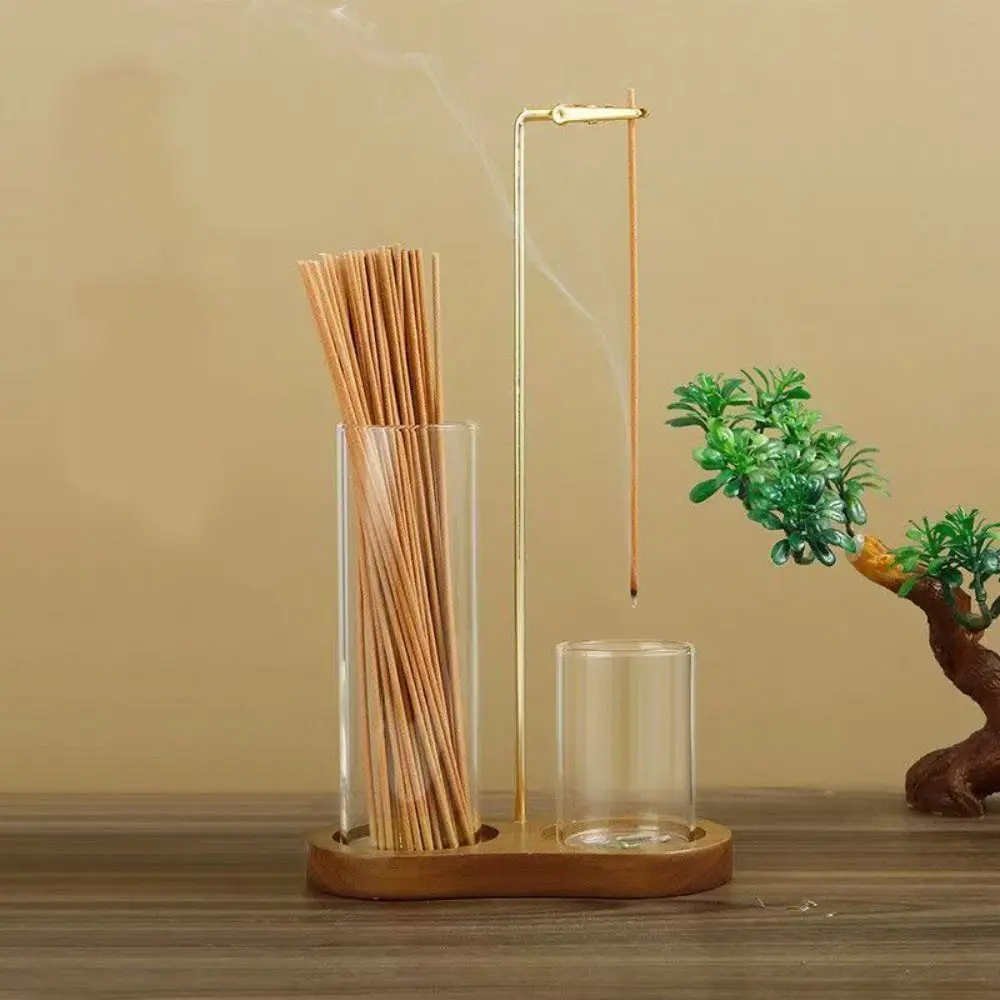 Removable Glass 2 in 1 Incense Holder Anti-Ash Flying with Ash Catcher Incense Burner for Sticks Wooden Base Sticks Organizer