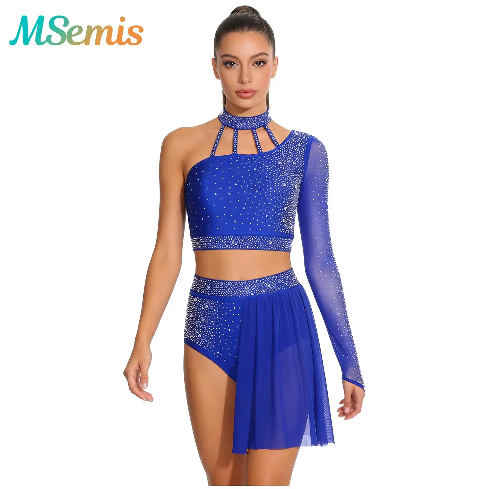 

Женские наряды для латинских балетных танцев со стразами, костюм для выступлений, с лямкой на шее, с длинными рукавами, укороченный топ и шорты с открытой спиной