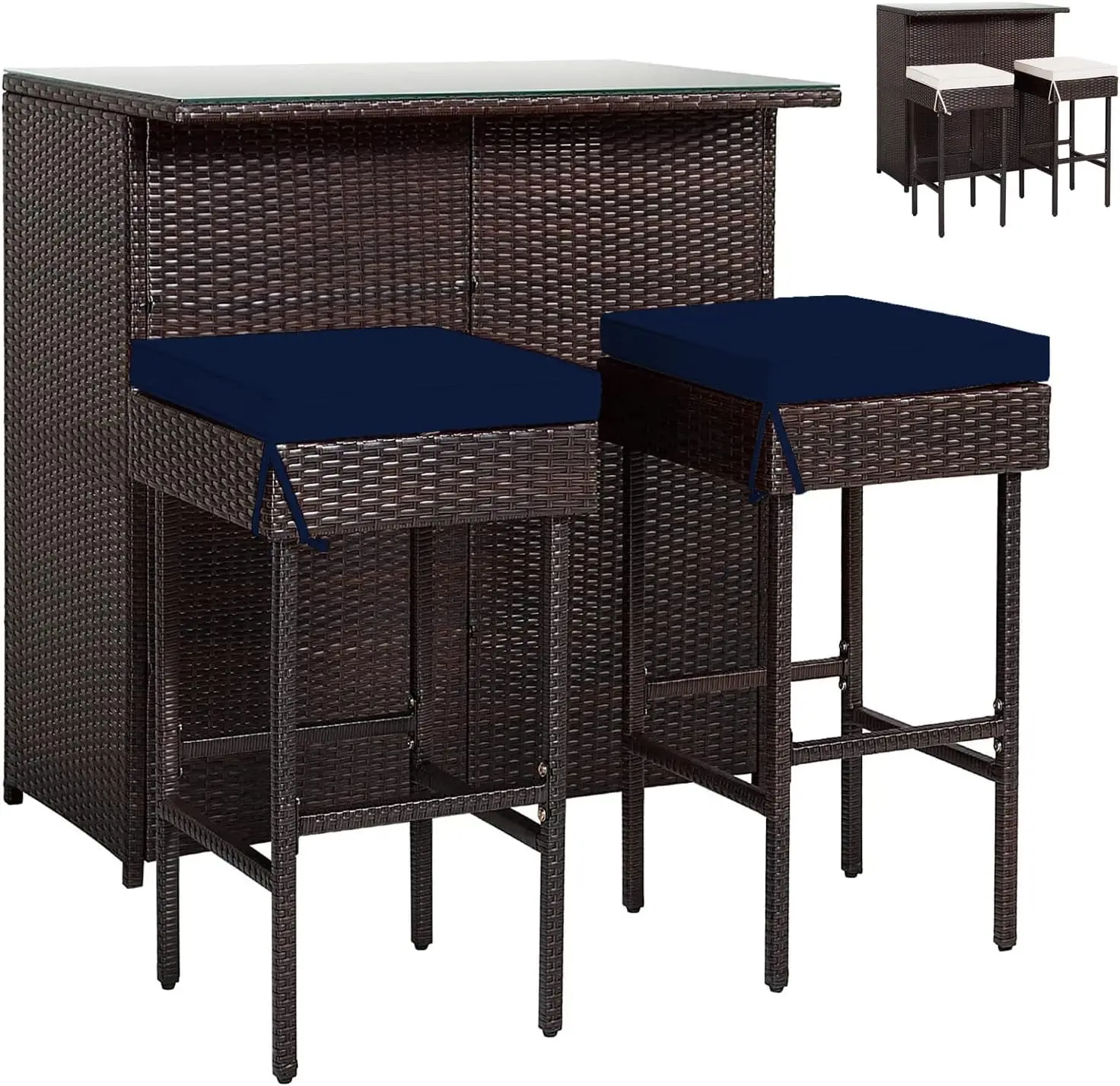 

3pcs Patio Bar Set w/2-Color Cushions, Rattan Wicker Bar Set Stools & Table Set with Glass Table Top for Poolside Garden