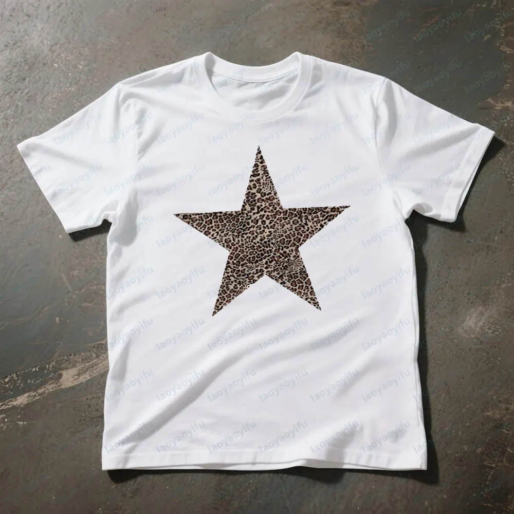Leopard Star Print Round Neck Short Sleeve Y2K Harajuku Style Women T-Shirt Young Fashion Girls Clothing Casual Cotton Tee Tops