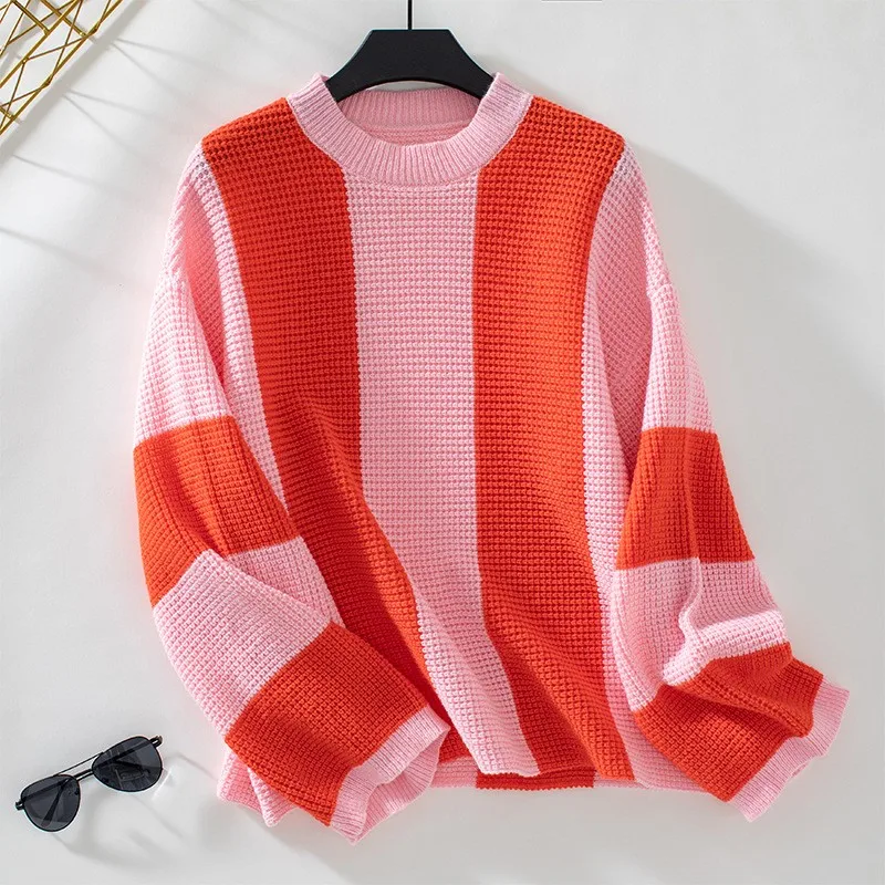 

Pink Striped Fashionable Women's Knitted Sweater Round Neck Pullover Long Sleeved Contrasting Sweater Top Autumn New Item 2025