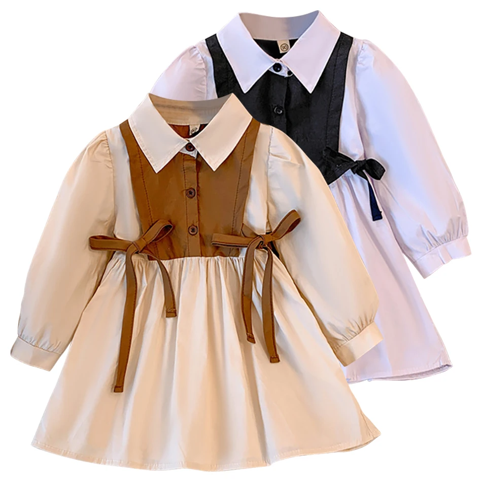 New Arrival Girls Autumn Long Sleeve Bowknot Casual Dresses with Collar and Shirt Skirt Must Have for Little Fashion Enthusiasts