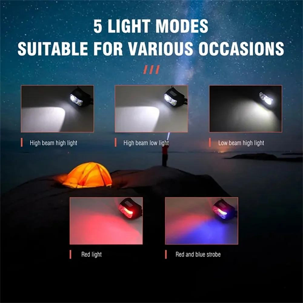 LED 6 Light Modes Headlamp Red and Blue Warning Lights Motion Sensor Usb Rechargeable HeadLight Head Torch Flashlight Head Light