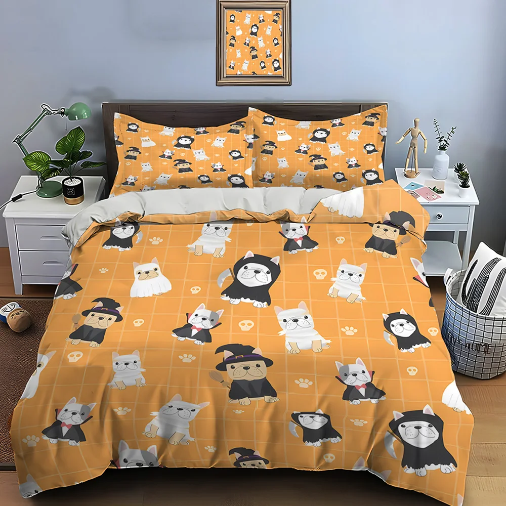 

Halloween French Bulldogs Pattern Print Bedding Set 1 Duvet Cover 2 Pillowcases for Adult and Children Luxury Gift Full Size