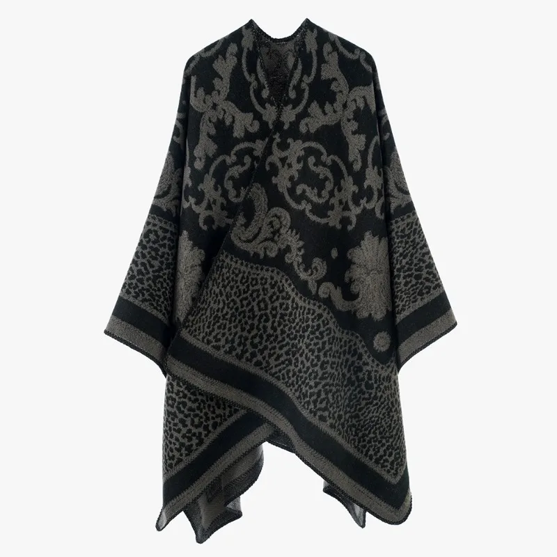 Women Vintage Baroque Leopard Print Open Front Shawl Poncho Fashion Outerwear