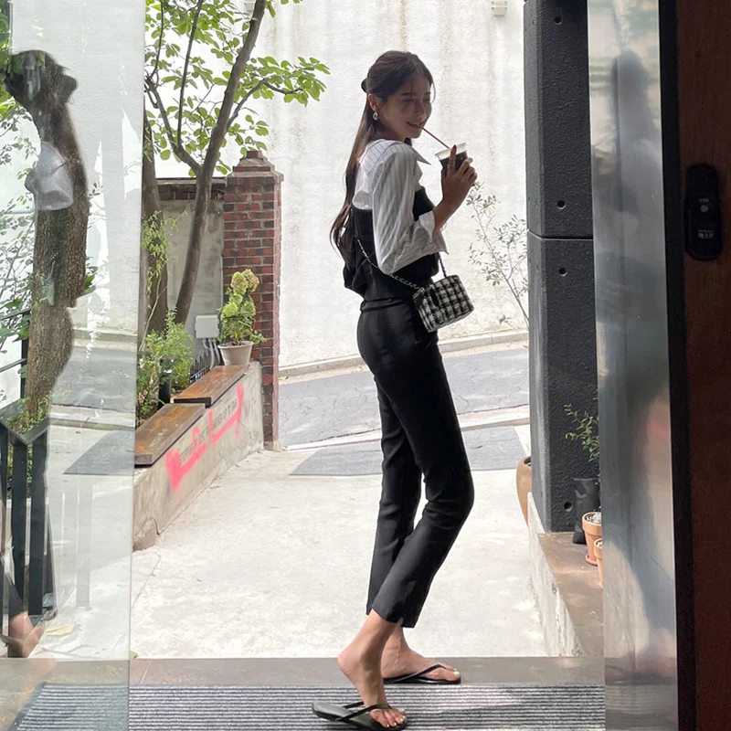 黒のハイウエスト9点セット レディースシガレットパンツ 伸縮性ストレートレッグ カジュアルスリット入りパンツ 韓国風通勤パンツ
