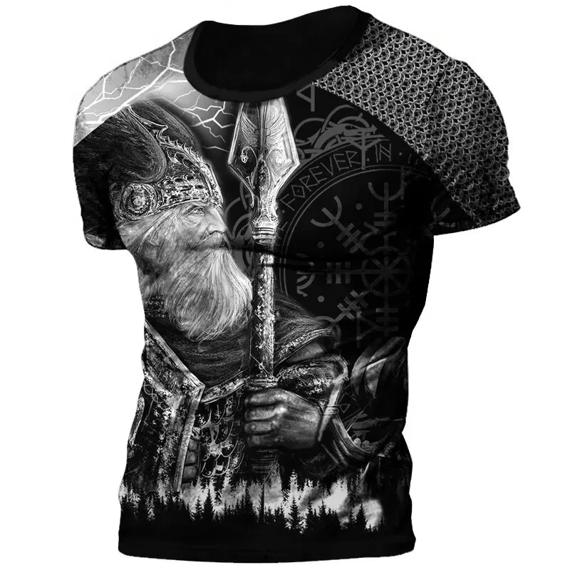 Nordic style 3D printing Viking Warrior pattern cotton T-shirt summer men\'s oversized short sleeved top T-shirt men\'s retro