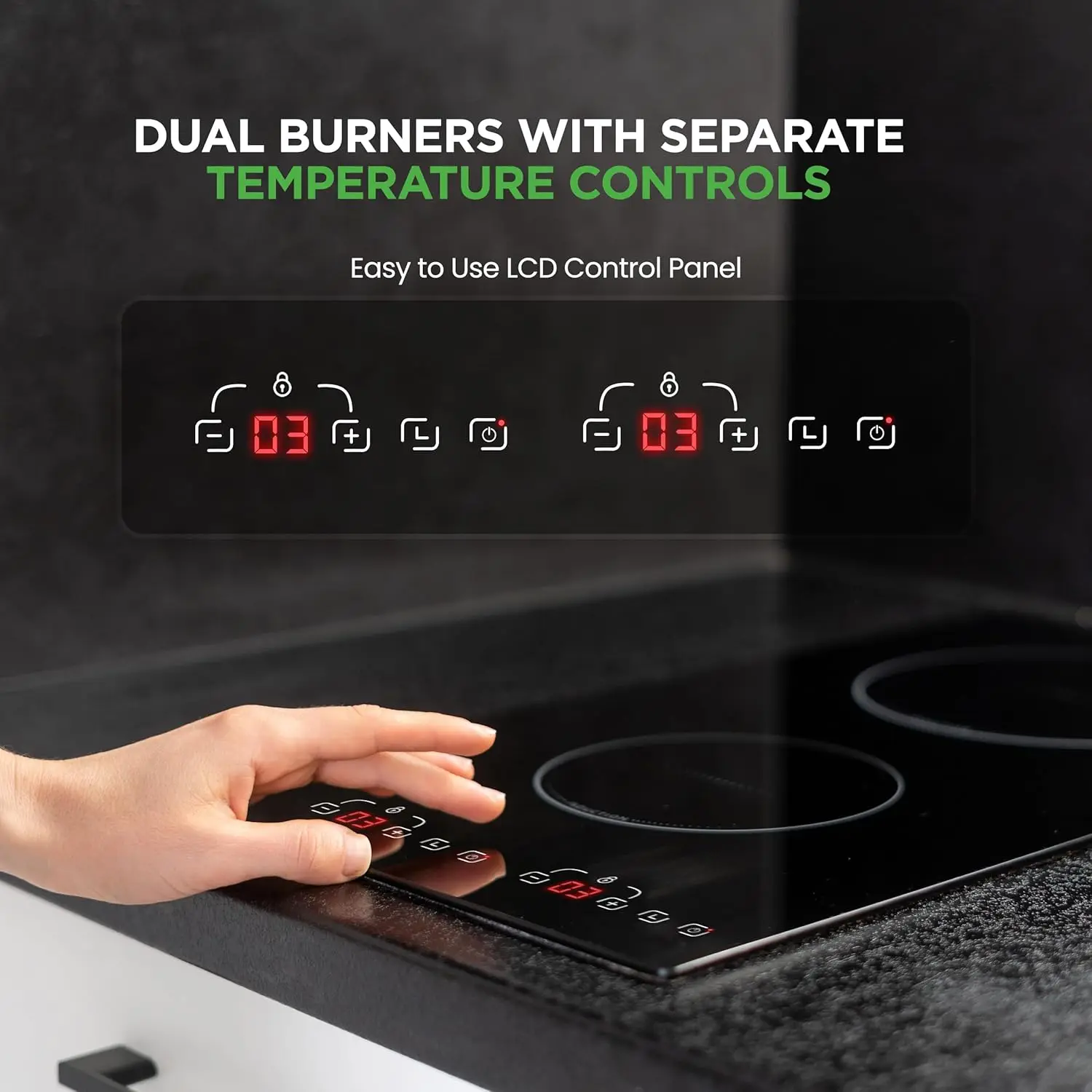 Cooktop - 2 Glass Countertop Burner Zones, Adjustable Temperature Settings, 1800W Electric Cooker, Digital Touch Sensors, Portab