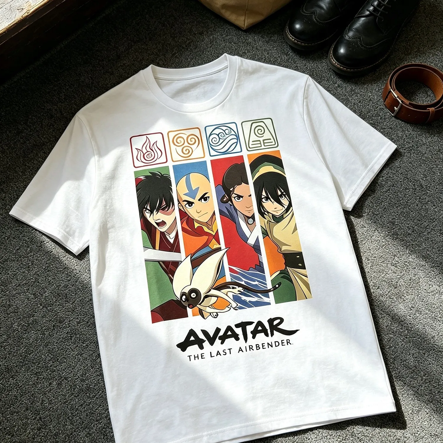 Unisex Nostalgic Anime Style T-Shirt Four Element Icons Group Character Collage Print Classic Fantasy Adventure Casual Soft Cotton Graphic Short Sleeve Tee.