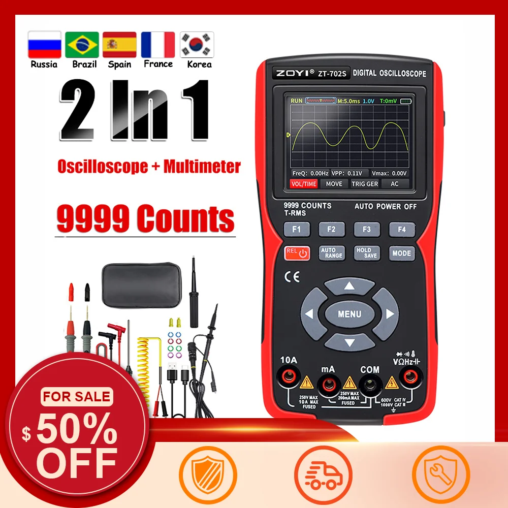 2in1 Digital Oscilloscope Multimeter 48MSa/s Sampling Rate 10Mhz Bandwidth 9999 Counts True RMS 2.8inch IPS Display Multimetro