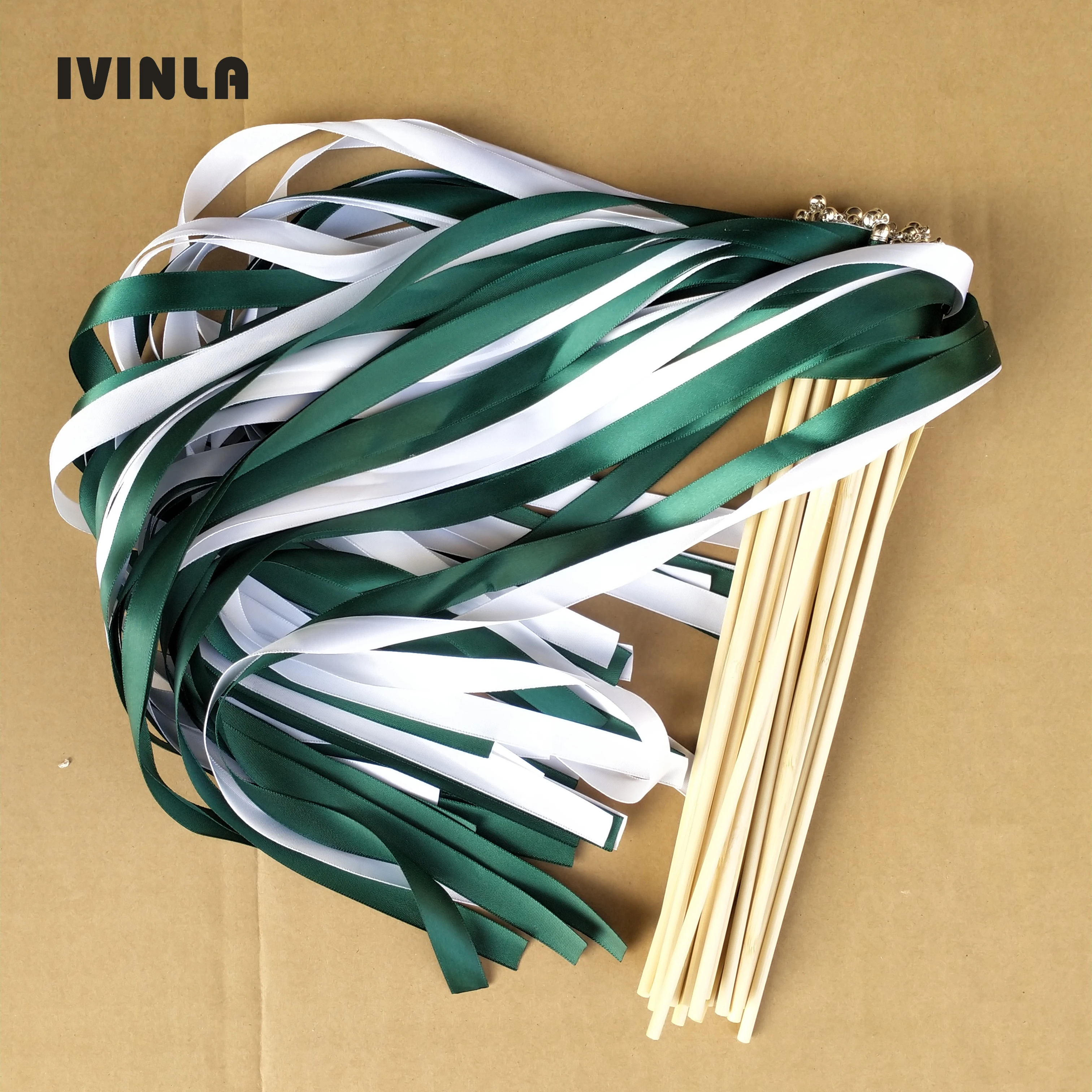 Hot selling 50/20/10pcs/lot  green & white wedding ribbon wands with sliver bell