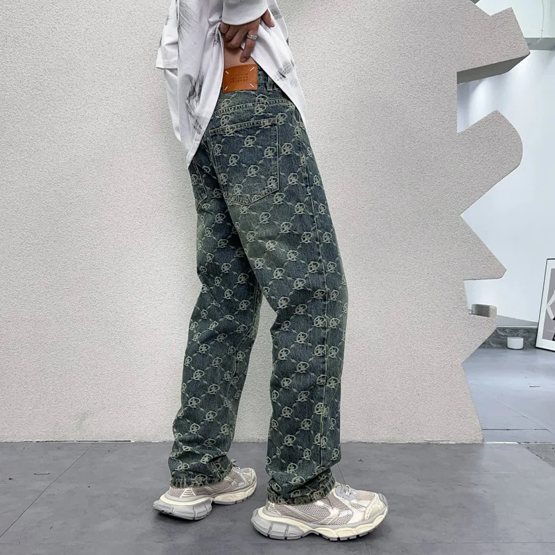 Blue Embroidered Printed Jeans Men's Autumn 2024New Fashion American Men's Retro High Street Loose-Fitting Wide-Leg Y2K Trousers