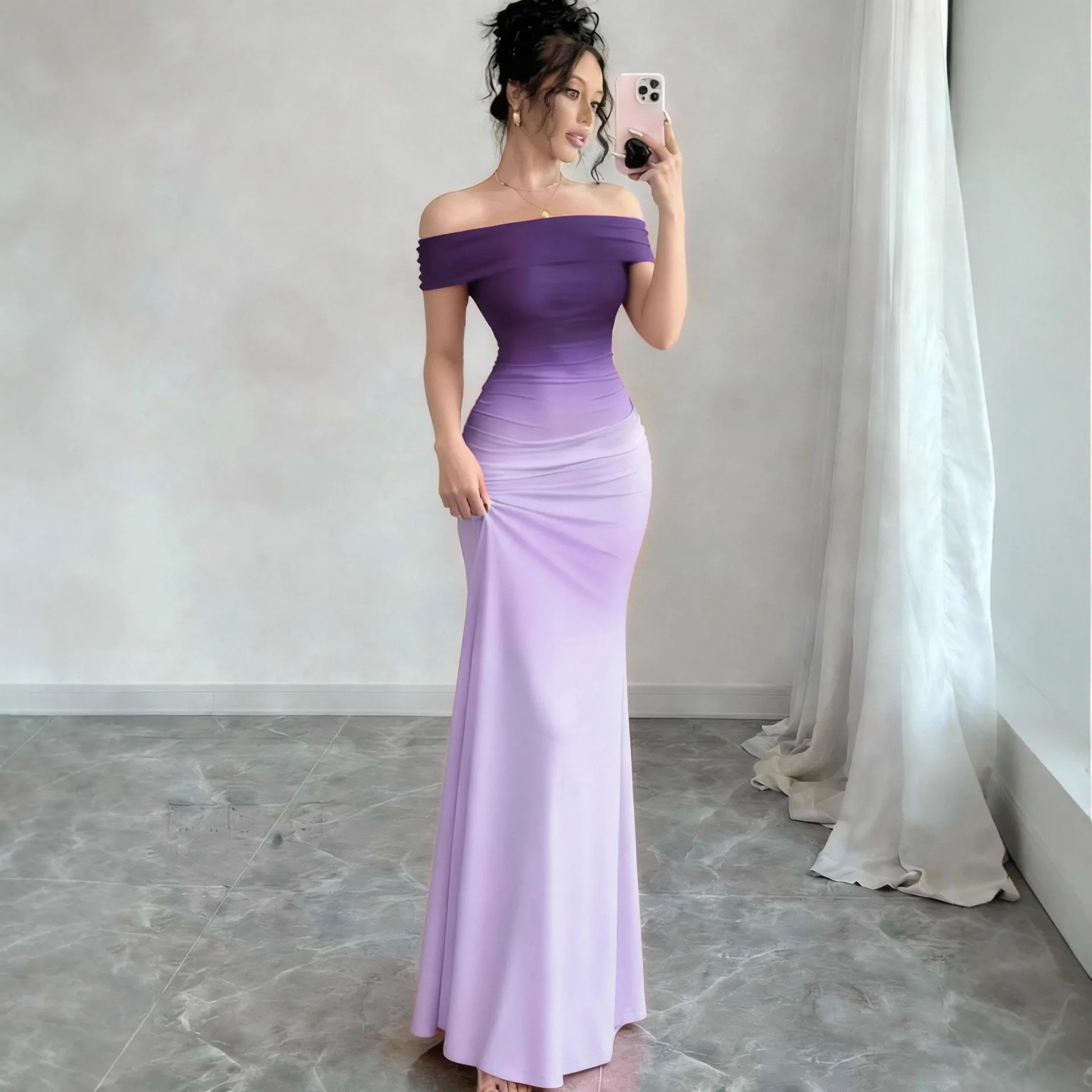 One Dress Slim Fit Elegant with Maxi Length Pullover Patchwork Strapless Daily Square Neck Elegant Chic Dress Summer for Women