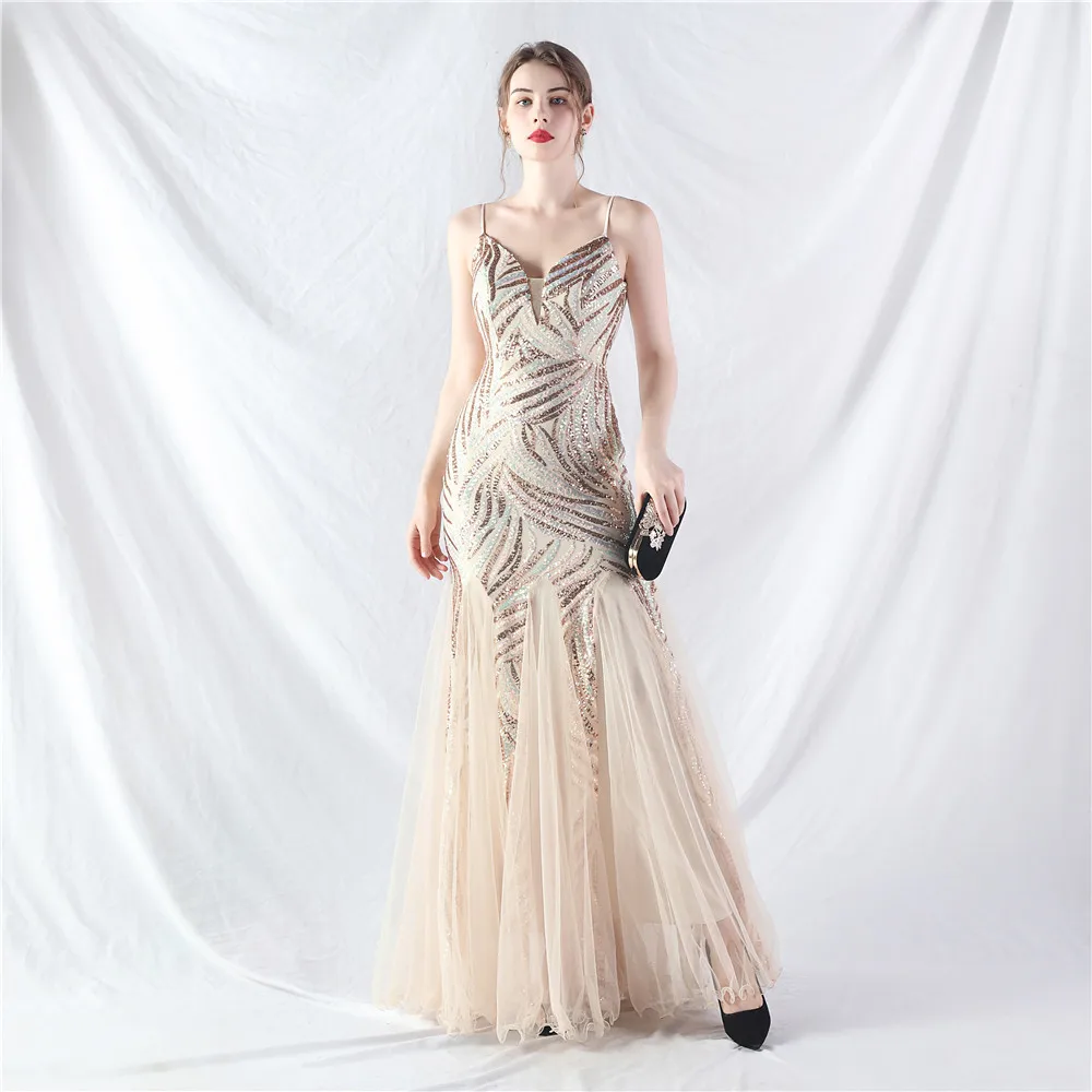 Gorgeous Long Sequined Gold Evening Dress Spaghetti Straps Backless Tulle Formal Gowns For Prom Vestido De Festa In Stock