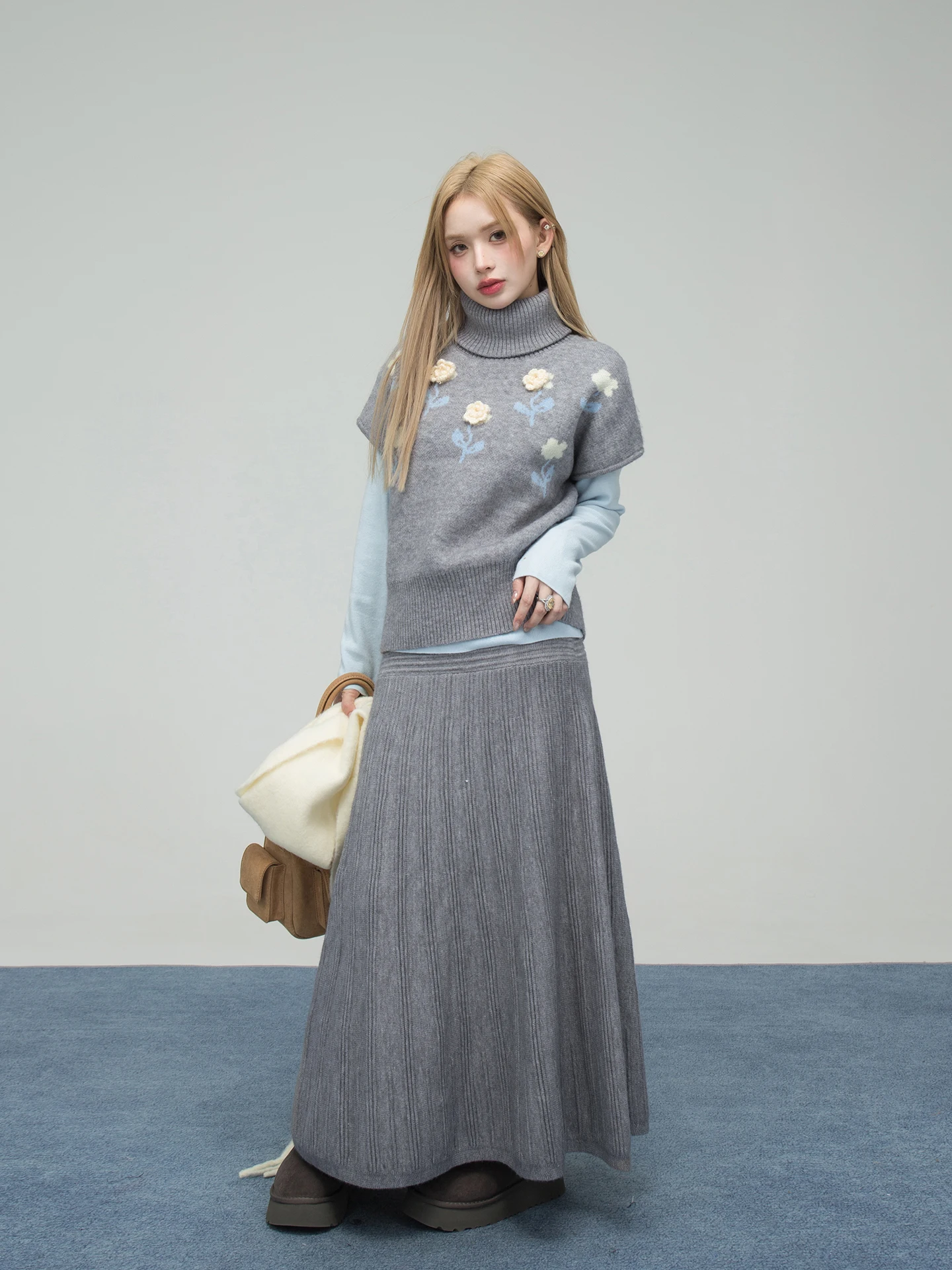 

ONEOFUUU Мягкий уютный вязаный комплект с цветочным узором, повседневный, с длинными рукавами, круглым вырезом, футболка с запахом, костюм-двойка для женщин, осень-зима