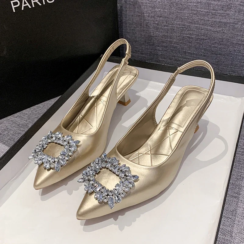 Summer Heeled Shoes for Women Bling Rhinestones Pointed Toe Thin Heel Women's Slingbacks Sexy Party Dress Women High Heel Shoes