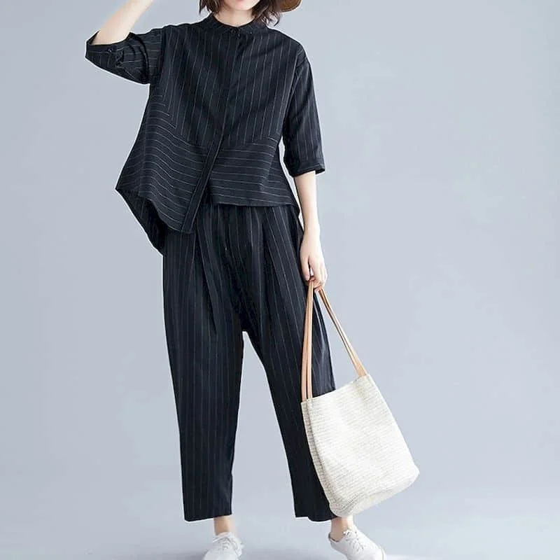 

Pants Sets Vintage Half Sleeve Striped Shirts Casual Harem Pants Oversized Korean Style Two Piece Sets Women Outfits XT1592