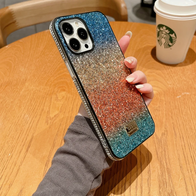 Funda de arcoíris degradado de cuatro colores para IPhone 16, 15, 13, 14, 12 Pro Max 11, funda trasera dura de silicona con purpurina y diamantes a prueba de golpes