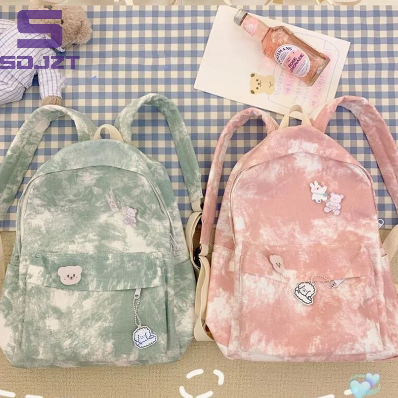 Canvas Retro Tie Dye Dames School Dubbele Rugzak Dames Effen Kleur Meisje Junior High School Rugzak