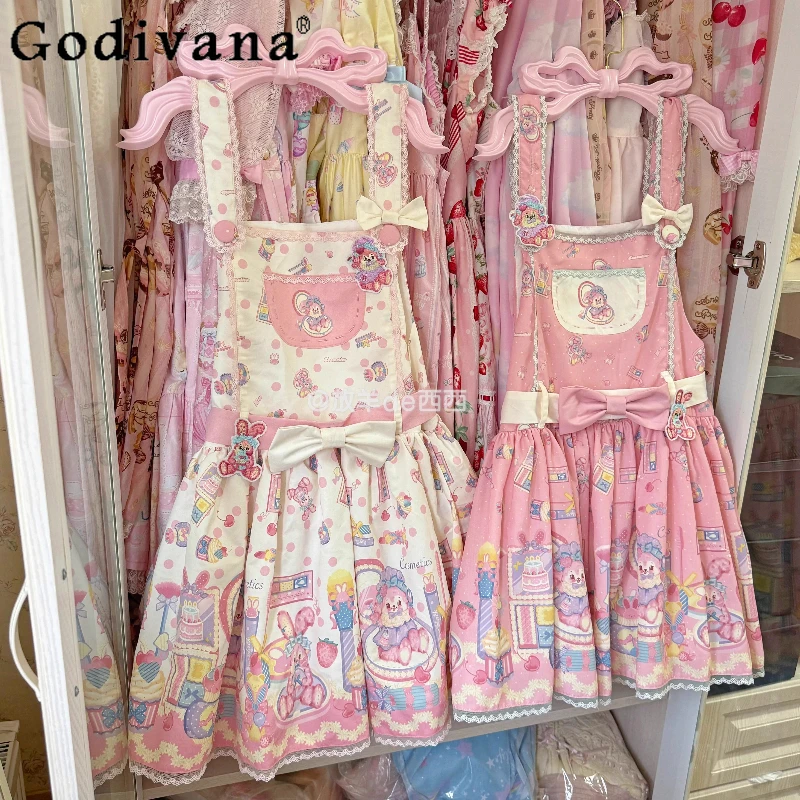 

Original Soft Girls Lolita Strap Dress Summer New Cute Bow Print Sleeveless Mini Dress Daughter Kawaii Short Sleeve Dresses OP