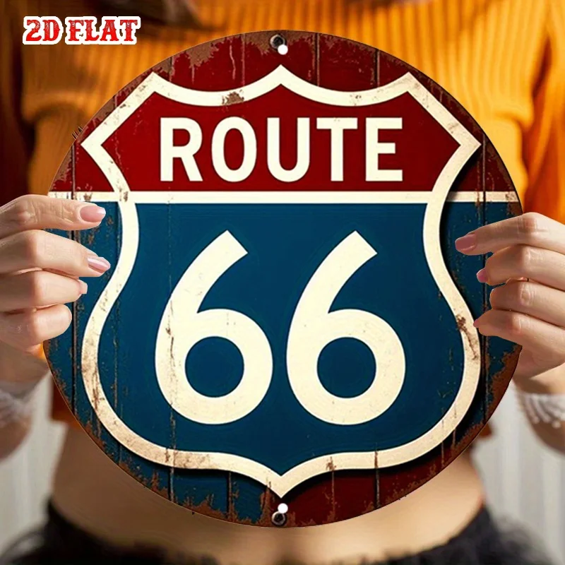2D Flat 1pc Highway symbol Round ,Route 66 Round Wall Decor Metal Wall Art, Wall Decor Signs for Home, Garage, Dining Room, Cafe