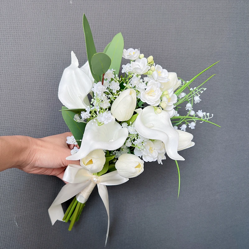 Wedding Bouquet Bride Bridesmaid Accessories Silk Ribbon Artificial Flower Calla Holding Flowers Bride Mariage Bouquet Decoratio