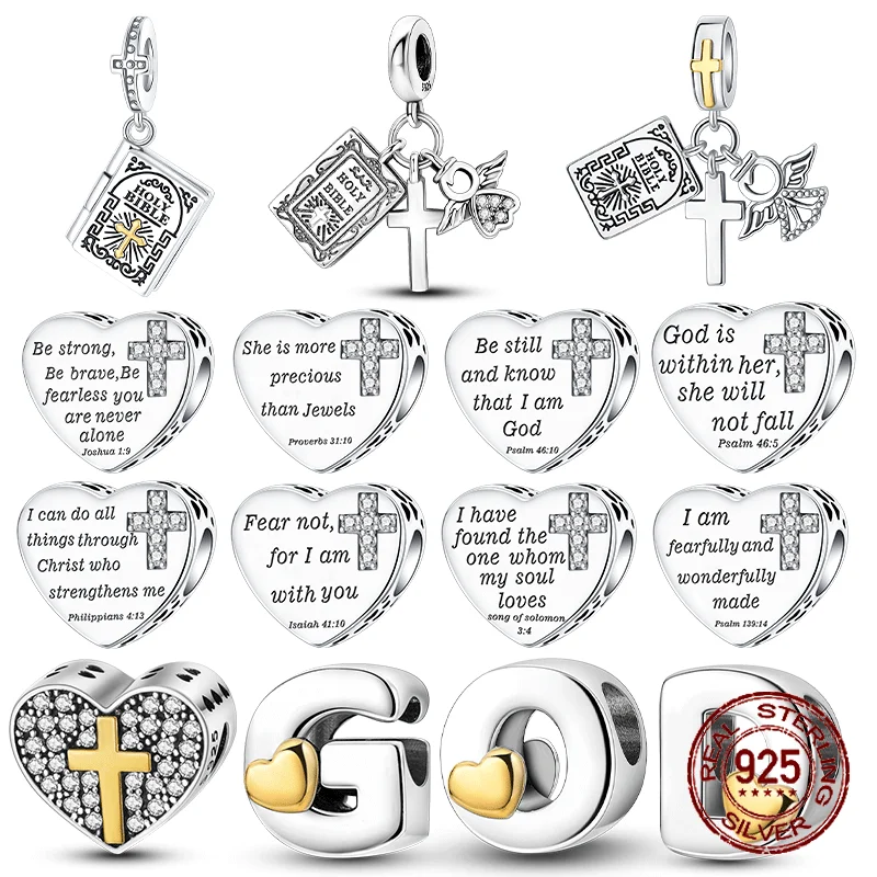 

925 Sterling Silver Angel Cross GOD Charms The Bible Beads Lucky Cat Dragon Pendant Fit Original Bracelet Charms Women Jewelry