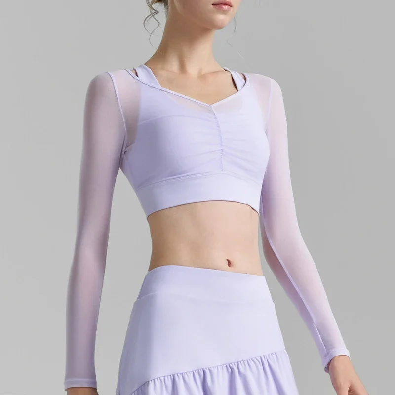 New Fake Two-piece Sports T-shirt Solid Color V Neck Short  Women's Mesh Stitching Yoga Clothes Fixed Cup Pleated Fitness Top