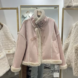 Fashion Lamb Wool Fur Coats Women Winter New Stand Collar Single Breasted Thick Warm Jacket Environmental Protection Fur Tops