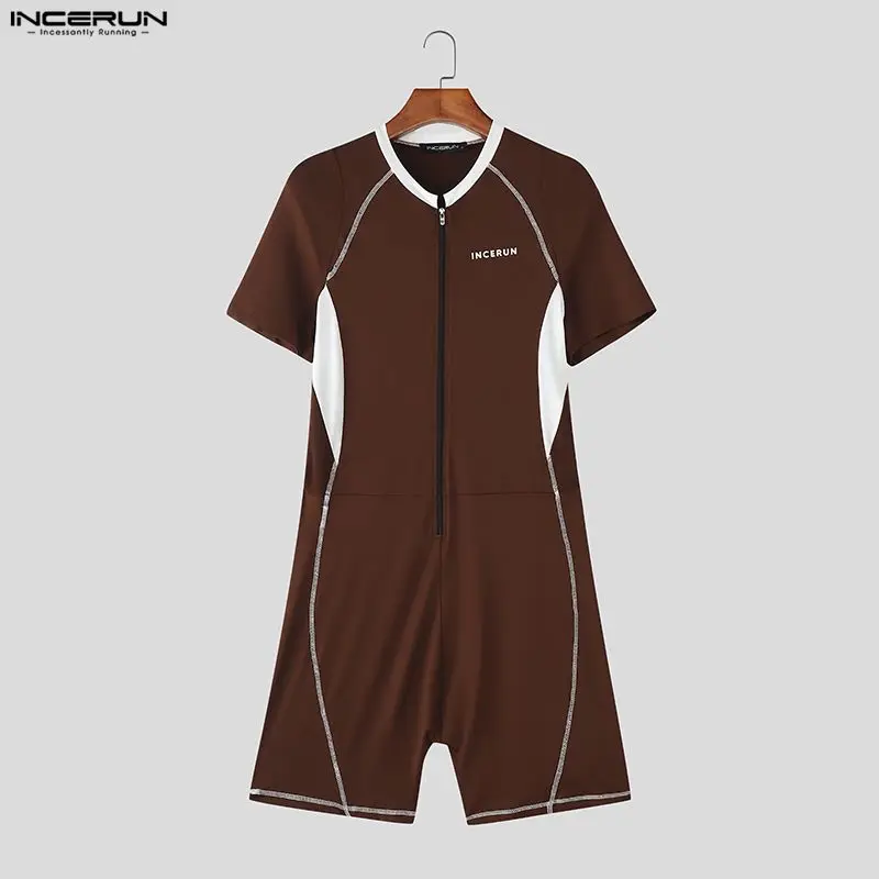 

INCERUN Men Bodysuit Print Patchwork Color-block Workout Male Rompers Streetwear Zipper Fashion Casual Playsuit Bodysuit Men