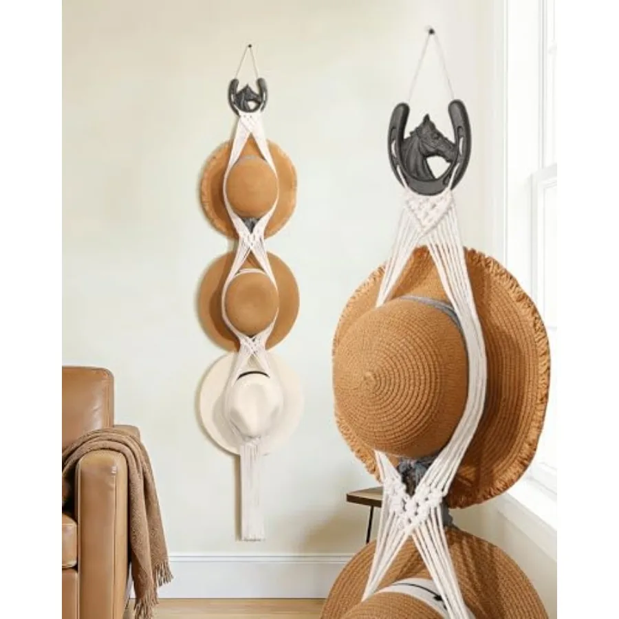 Colgador de pared de macramé para sombreros, organizador bohemio con gancho de hierro fundido con cabeza de caballo, soporte para sombreros vaqueros de ala ancha para mujer