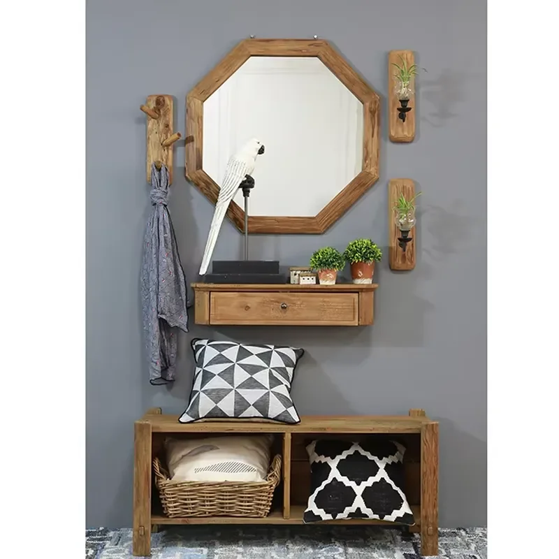 Rustic Wall Mirror Small Decorative Cosmetic Mirror with Solid Wood Frame for Home Decor