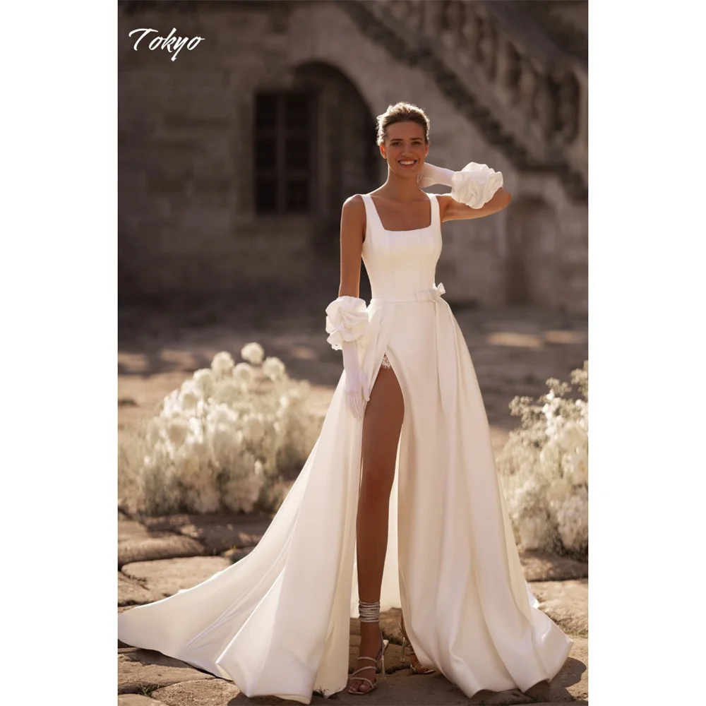 Tokyo Customized White Spaghetti Strap Wedding Dresses Sleeveless Elegant Court Train Bridal Gown Side High Split Wedding Gown