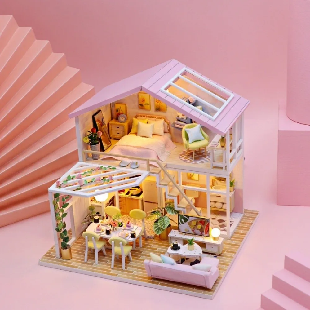 Charming LED Light DIY Wooden Dollhouse Furniture Included Miniature Dollhouse Kit Craft Dollhouse Hobbyists