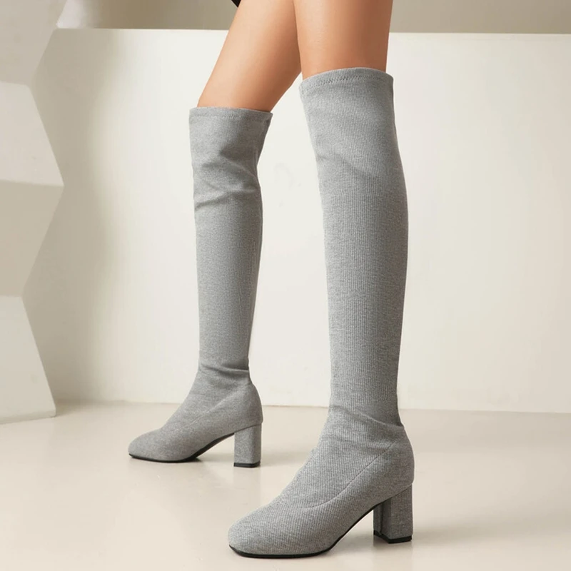 

Girseaby эластичные сапоги выше колена из флока, круглый носок, массивные каблуки, слипоны, большой размер 48, вечерние женские длинные бота, розово-зеленый цвет