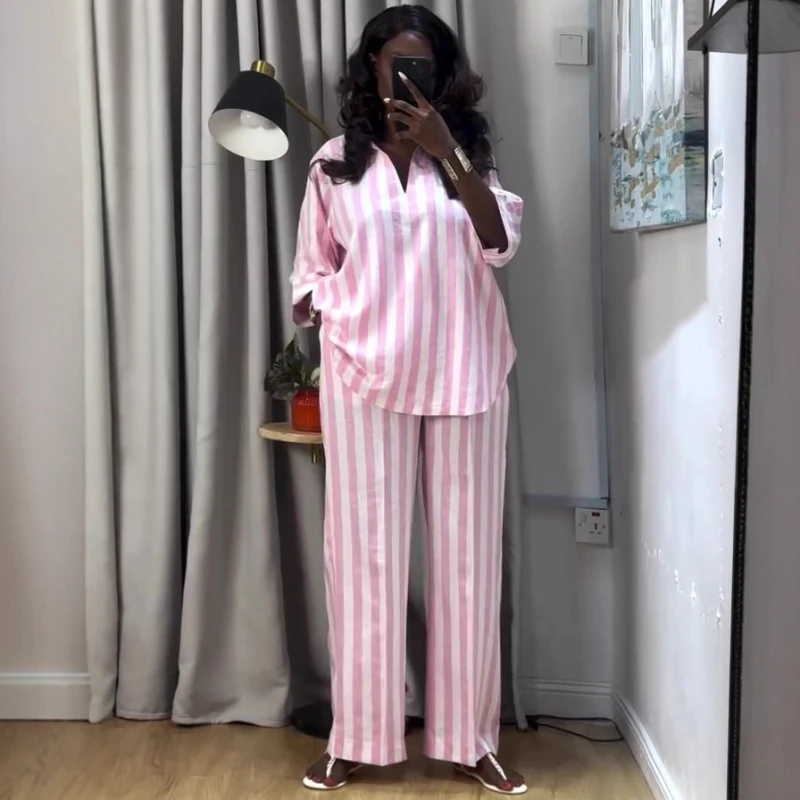 New African Fashion Women Two Piece Set Pink Striped Printed Blouse Top And Wide Leg Pants Set Female Casual