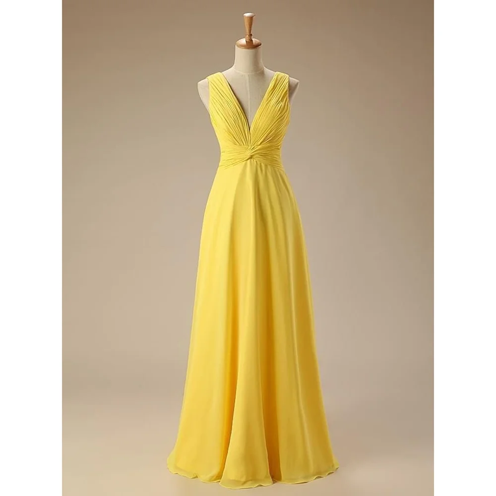 

Light Yellow Spaghetti Stripe Sleeveless Pleated Simple Prom Gown Floor Length A Line Evening Dresses