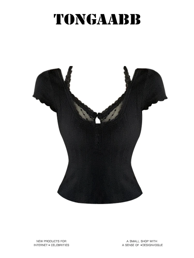 

Women's Black Gothic Lace Patchwork T-shirt Harajuku Y2k Cropped Tee Top Vintage Short Sleeve T-shirts 2000s Emo Clothes Summer
