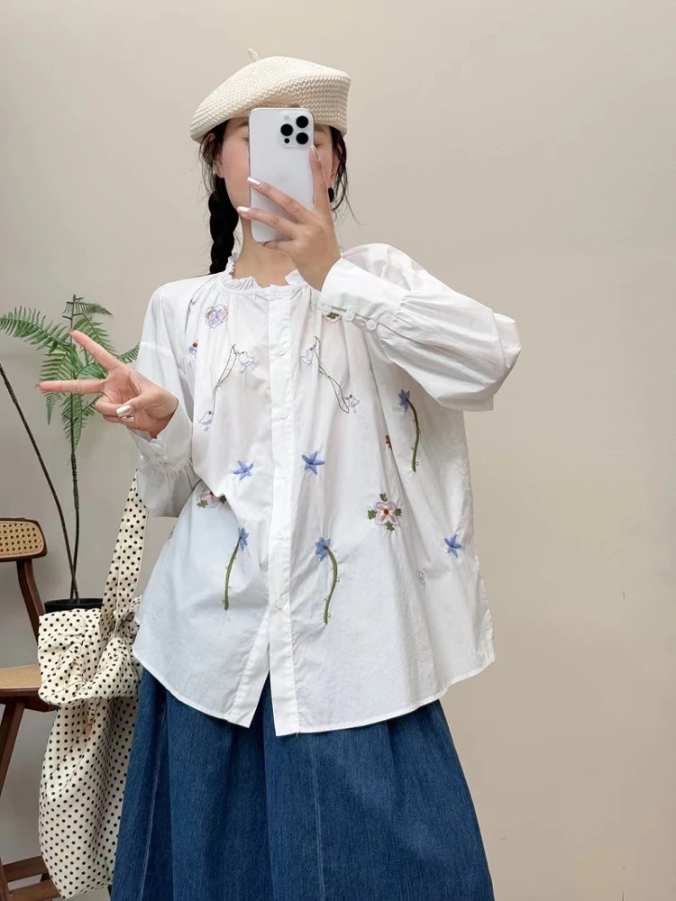 

Spring New Sle Embroidered Lace Collar Loose Long Sve Cotton irt Casual Faionable Versatile Sweet Sle Top