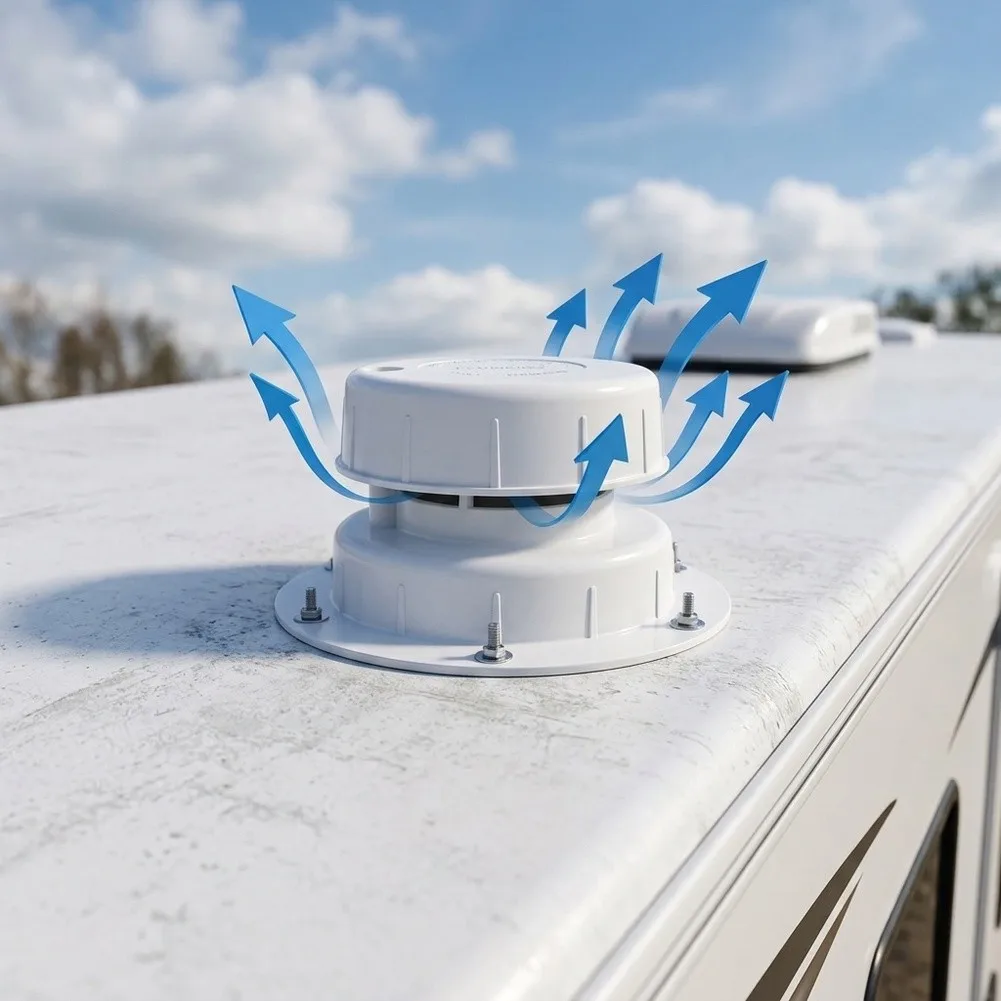RV Sewer Vent Cap Aluminum UV-Resistant Built-in Filter for 1-2.375 inch Pipes Includes Screws and Butyl Tape White