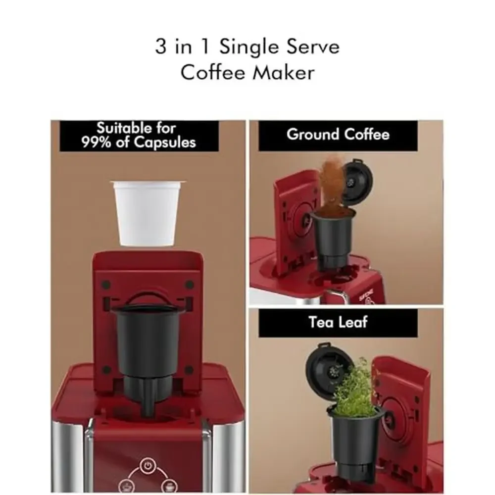 3-in-1 Single Serve Coffee Maker K-Pod Capsule Ground Coffee Tea Brewer 6-10 oz Cup Size Reservoir 50 oz Compact Design Easy