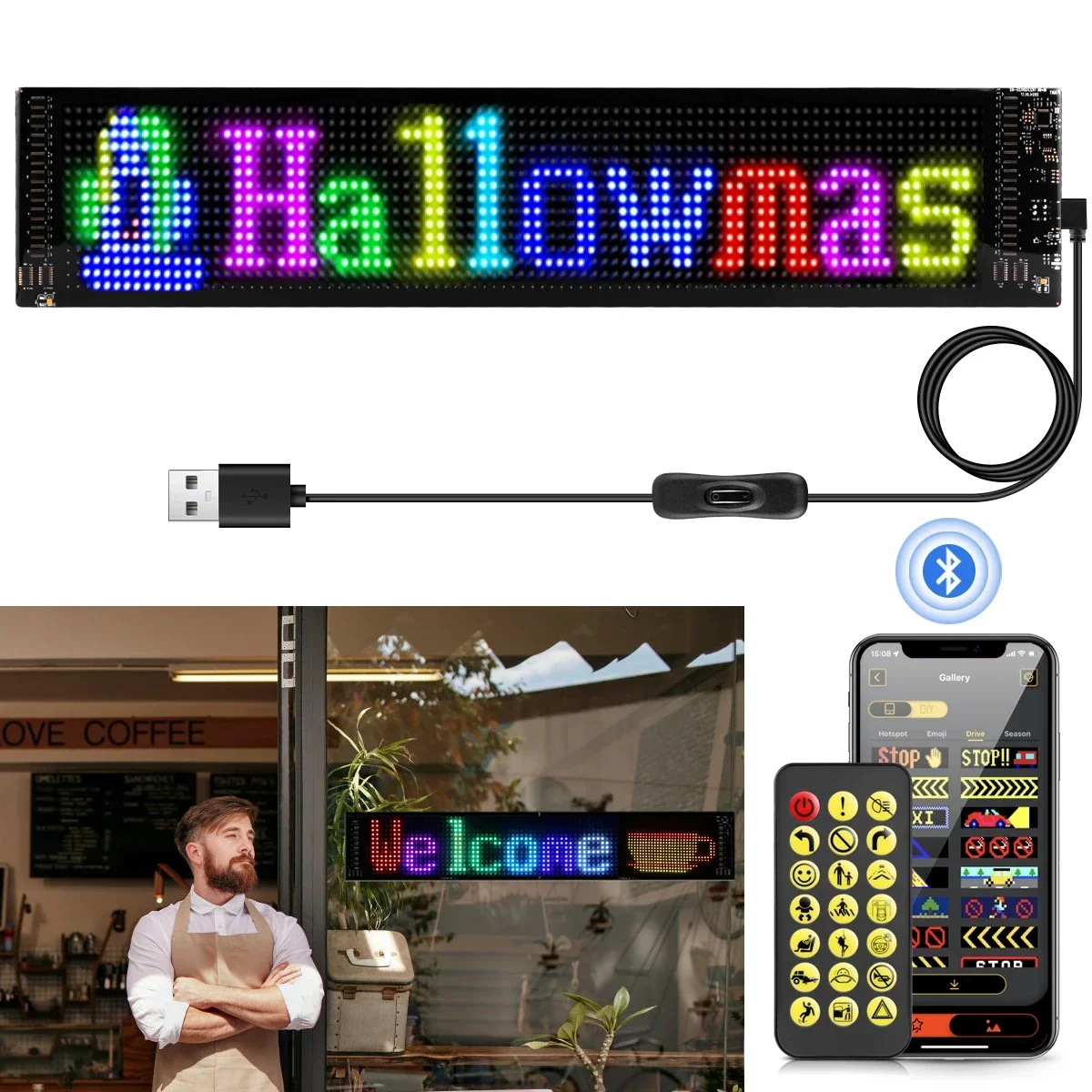 

LED Sign Panel Scrolling Advertising Bluetooth App Control Logo Light Customize Text Pattern Animation Programmable Car Display