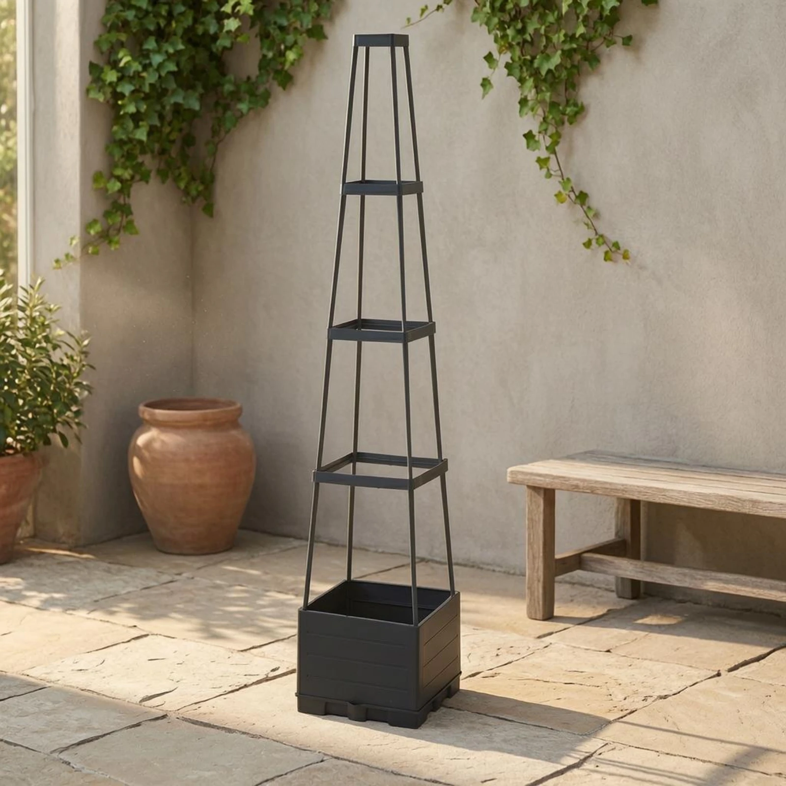 Planter with Trellis Textured Climbing Planter Box Plant Support Frame Tapered Dark Gray for Rooftop